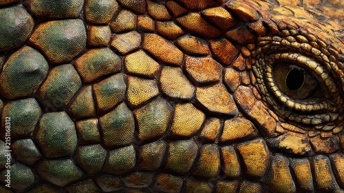 Close-up of reptile skin and eye, showing detailed texture and color variations, capturing a glimpse into the creature's world