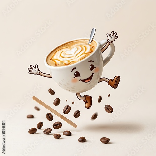 Happy cartoon coffee cup character jumping with coffee beans