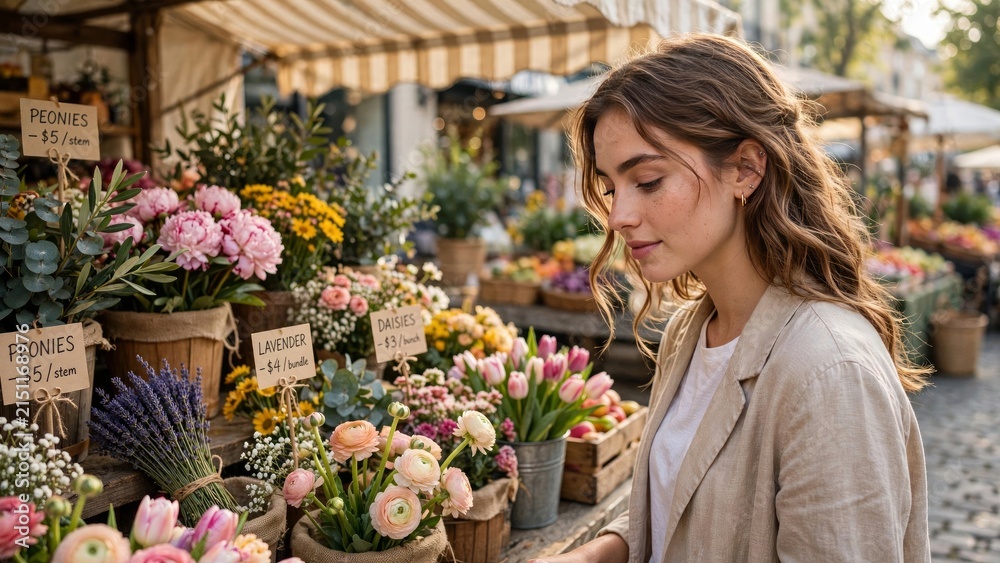 Fototapeta premium Young woman shopping for fresh spring flowers at a local outdoor market