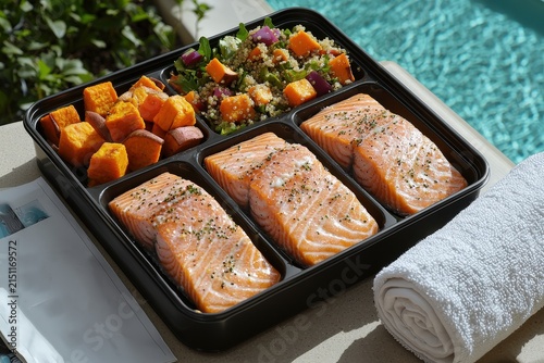 Healthy salmon meal prep with sweet potatoes and quinoa salad by the poolside for nutritious outdoor dining