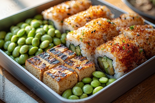 Grilled tofu sushi roll bento with edamame beans in lunch box on wooden table healthy vegan meal concept