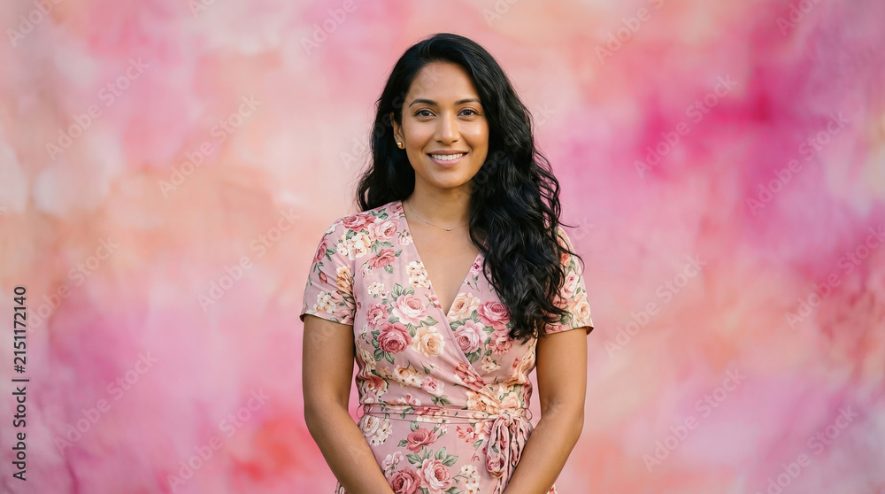 Fototapeta premium Smiling woman with long dark hair wearing a floral dress standing against a soft pink and orange abstract background.