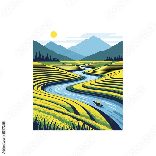 Peaceful terraced rice fields with a winding river and mountain landscape illustration