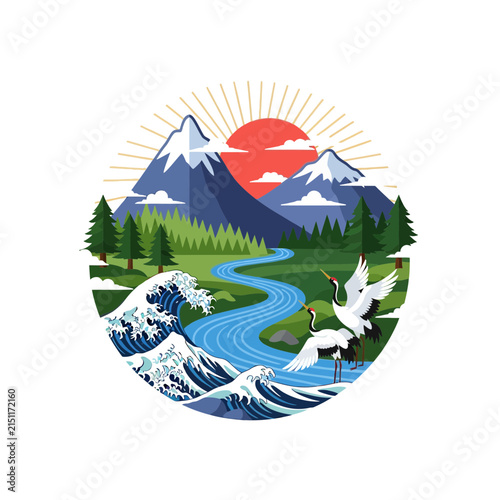 Traditional Japanese Style Nature Landscape with Mountains Waves and Red Crowned Cranes