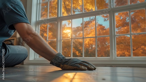 A person wearing work gloves kneeling on a wooden floor while installing or repairing planks near a large window with warm autumn sunlight outside