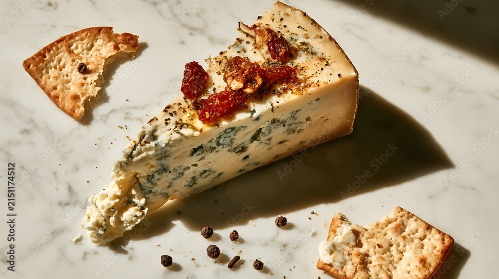 Fototapeta premium Artisan cheese wedge flat lay