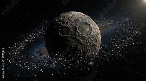 A rocky planetoid with a dense ring system in deep space.