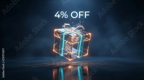 Glowing 3D glass gift box with 4 percent discount sale promotion on dark background