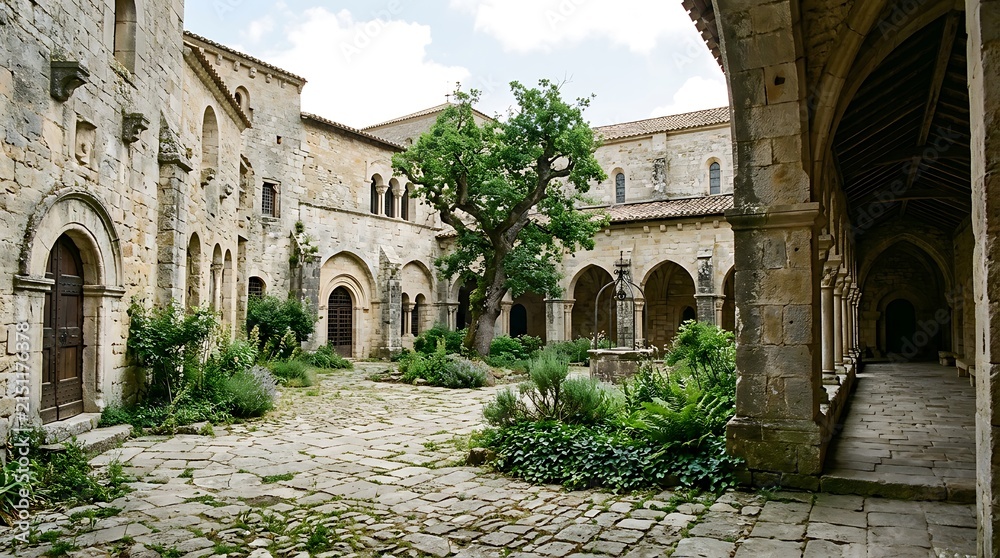 Obraz premium Ancient Stone Cloister Courtyard of a Medieval Monastery in France.