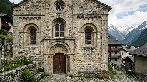 Ancient Stone Church in the Italian Alps Mountain Village.
