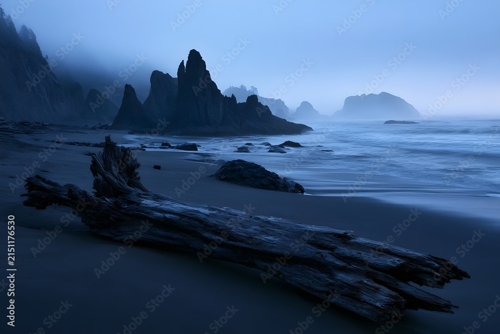 Fototapeta premium Rugged basalt coastline with driftwood at blue hour