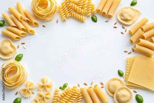 Assortment of raw Italian pasta varieties including penne, fusilli, farfalle, ravioli, and tagliatelle arranged as a frame on a white background with copy space