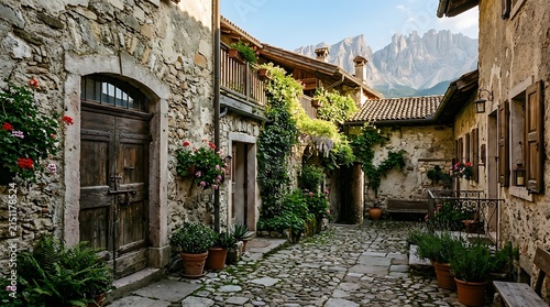 Charming medieval courtyard with stone houses and potted plants in Italy.