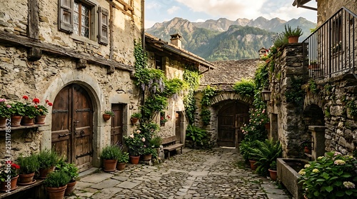 Charming medieval stone village courtyard with mountain views.