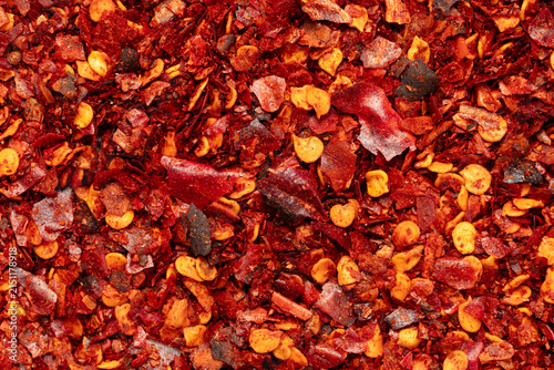 Pile of dried red bird's eye chilies , Thai food ingredient, Top view