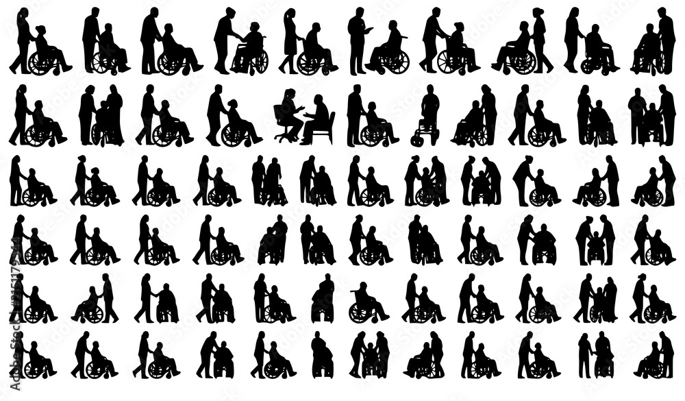 Fototapeta premium Wheelchair Patient Transport Silhouette Vector Set with Nurse and Caregiver Assistance