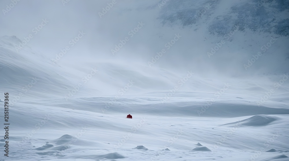 Fototapeta premium Snowy mountain pass with red trail marker