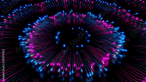 Circular Energy Lines Cyan Orange with Radiating Seamless slow motion 15 second. APerfect for music visualizers, VJ loops, technology backgrounds, sci-fi projects, motion graphics