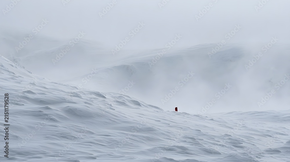 Fototapeta premium Snowy mountain pass with red trail marker