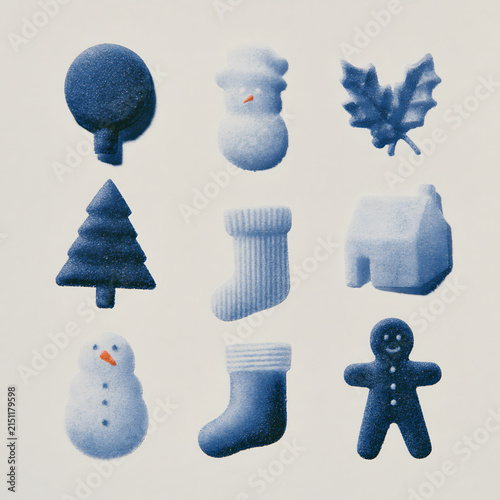 Obraz na płótnie アイスブルーの北欧風クリスマスモチーフセット 雪だるまと家とひいらぎのイラスト素材