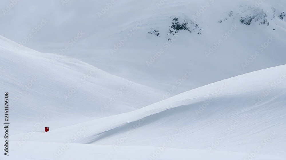 Fototapeta premium Snowy mountain pass with red trail marker