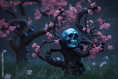Dark fantasy skull with floral crown in eerie glowing night scene