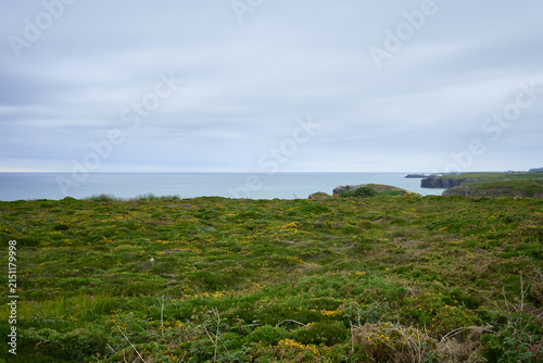 Moody long exposure of misty sea and rock at Praia das Catedrais, Beach of the Cathedrals in Ribadeo, Galicia Spain