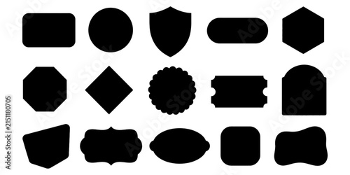 Set of black blank labels and badges in various geometric shapes
