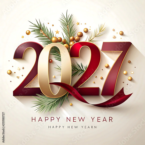 Elegant happy new year 2027 greeting card design with festive gold and red typography and pine branches