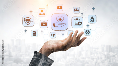 Fotografía Digital Healthcare Innovation Concept with Virtual Health Icons and Hand Gesture Over Urban City Background