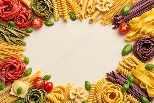 Top-down food photography of a colorful pasta assortment with fresh tomatoes and basil arranged in a circle on a white background