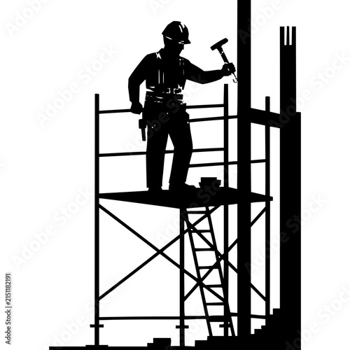 Silhouette of a Construction Worker on Scaffolding Building a Structure