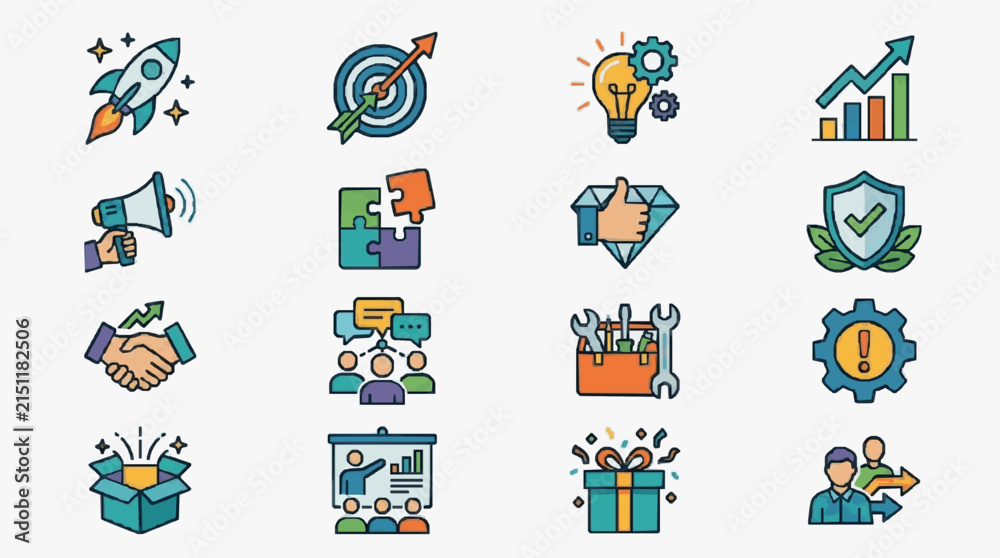 Fototapeta premium Elegant Colorful Business and Marketing Strategy Icons Set with Flat Design Illustrations Featuring Launch Target Growth Communication and Success Elements