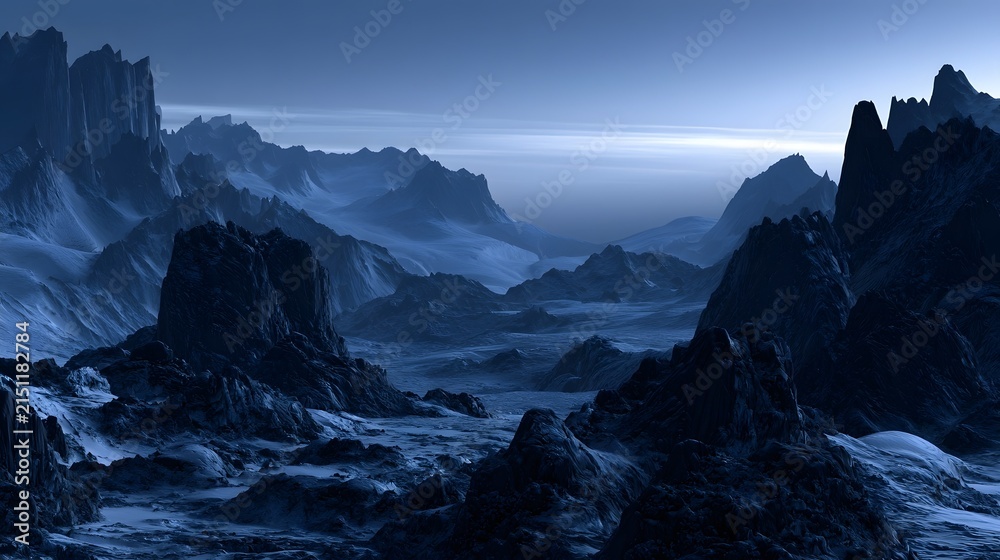 Fototapeta premium Sweeping view of a jagged glacial valley at twilight with cold silver highlights
