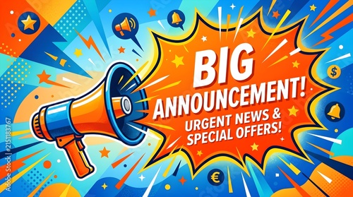 Big announcement megaphone graphic with urgent news and special offers