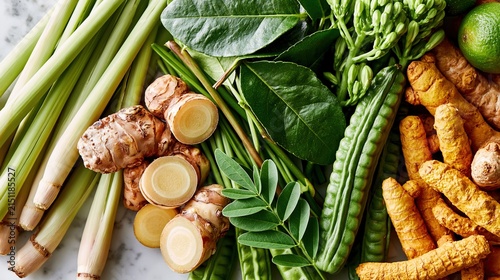 Overhead shot of fresh organic herbal ingredients