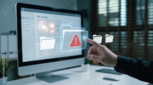 Cyber security showing digital file protection and data safety, hand touching virtual folder with warning sign on computer screen, information technology and privacy defense theme
