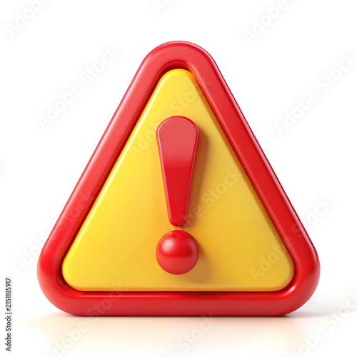 A 3d rendered yellow triangle warning sign with a red exclamation mark isolated on a white background