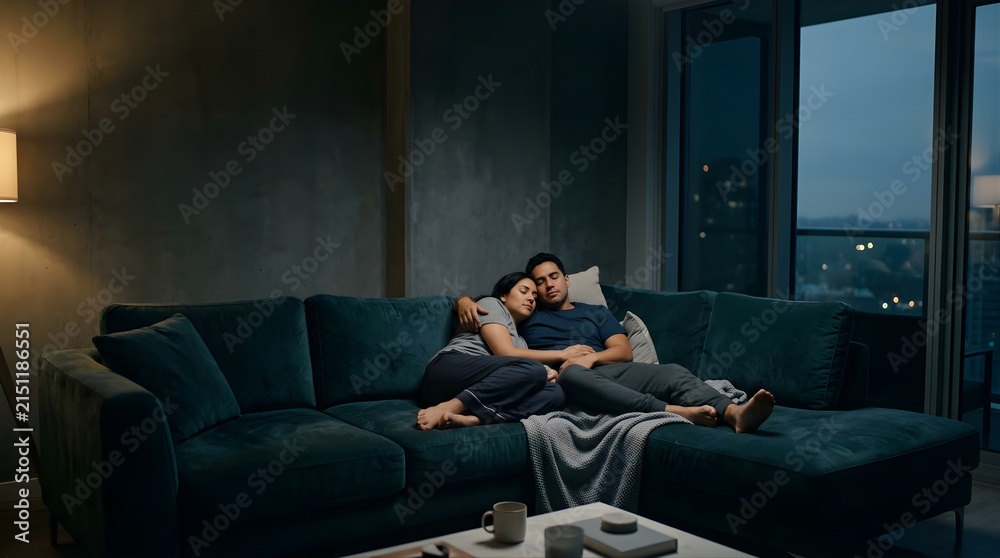 Fototapeta premium Young couple sleeping together on a comfortable sofa in a cozy apartment