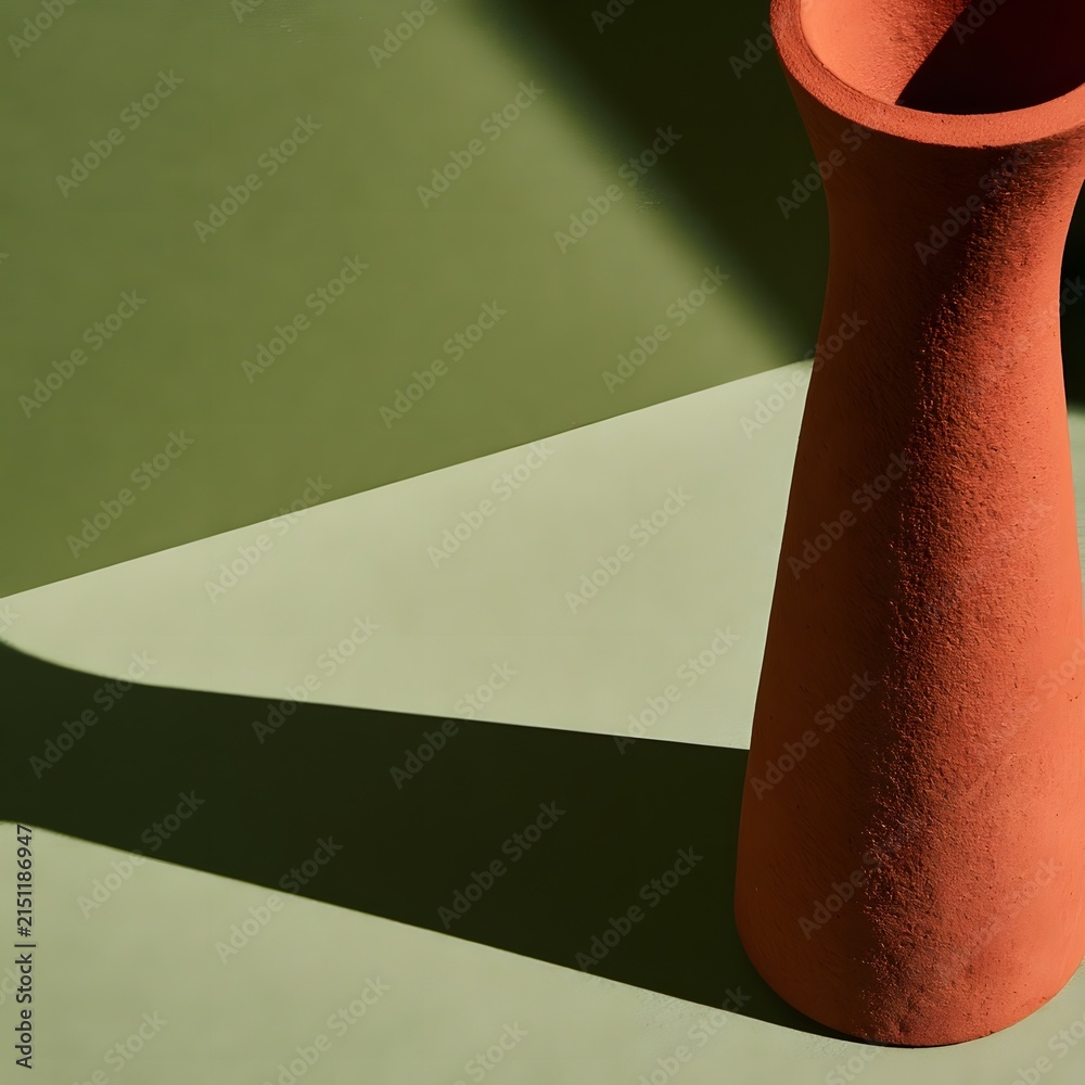 Fototapeta premium Terracotta sculptural vase on sage green background with hard shadow