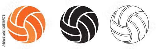Volleyball icon collection presenting orange solid black and thin outline versions for athletic design projects with volleyball