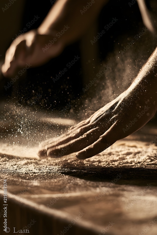 Fototapeta premium Handmade pasta mid-preparation with dusted semolina flour