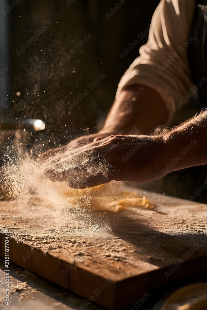 Fototapeta premium Handmade pasta mid-preparation with dusted semolina flour