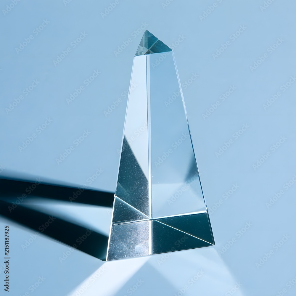 Fototapeta premium Single glass prism on pale blue backdrop with refracted light