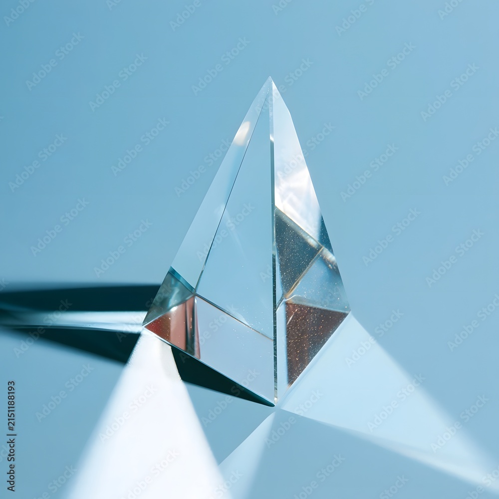 Fototapeta premium Single glass prism on pale blue backdrop with refracted light