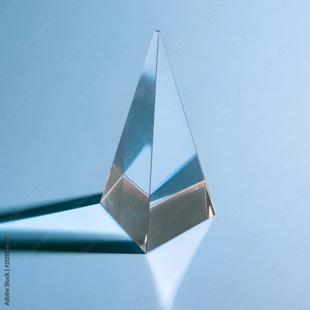 Fototapeta premium Single glass prism on pale blue backdrop with refracted light