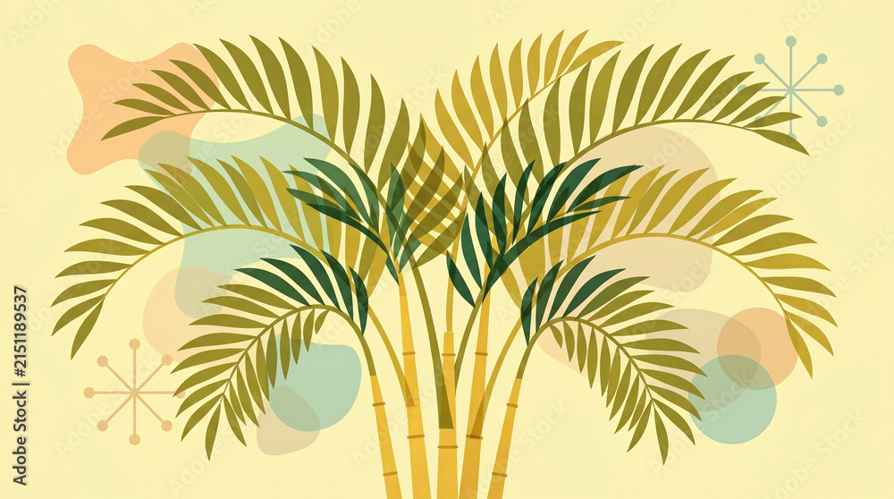 Naklejka premium Tropical palm tree illustration featuring retro midcentury modern abstract shapes and soft pastel color palette design