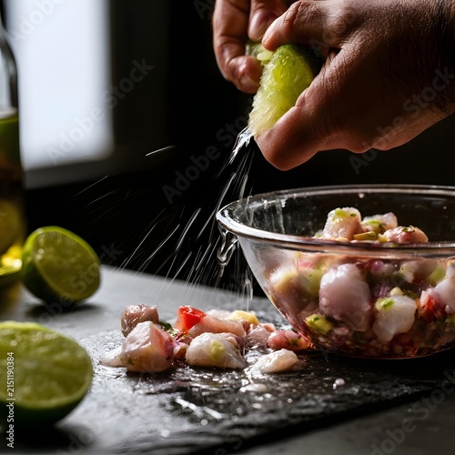 Close-up of lime juice squeezed over fresh ceviche