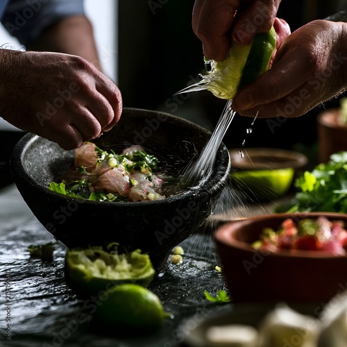 Preparing raw fish ceviche with fresh lime juice