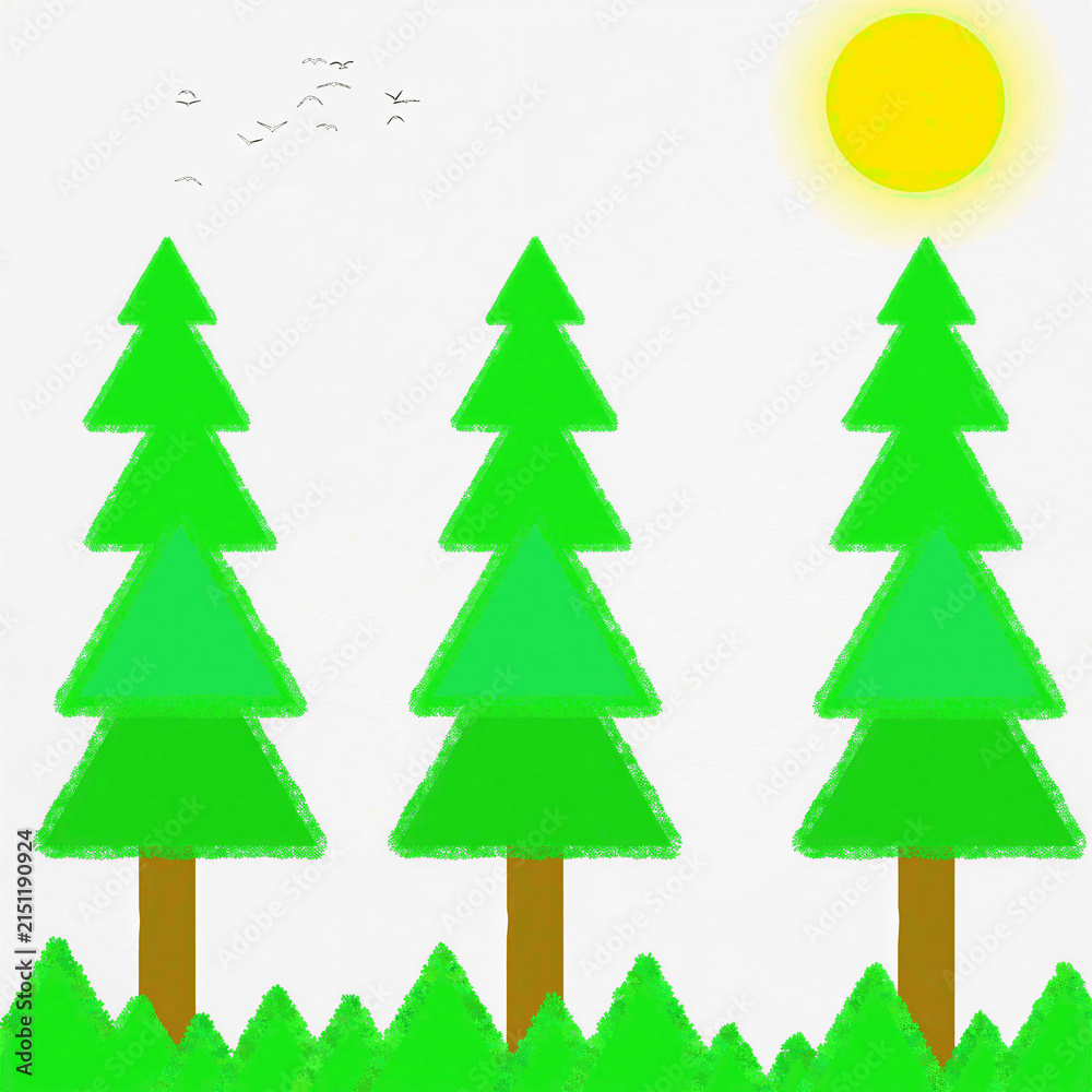 Fototapeta premium Three green pine trees, yellow sun, and flying birds in the sky isolated on a transparent background